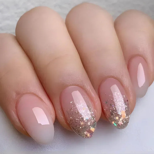 24Pcs Almond Fake Nails with Shimmery Powder Simple Nail Art Ombre French Full Cover Wearable Nail Manicure Tips for Girls Daily