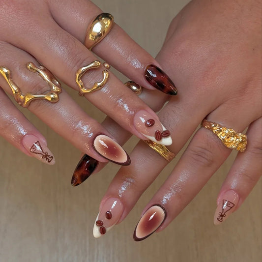 24Pcs Mid-length Almond Press on False Nails Simple French 3D Golden Design Full Cover Fake Nail Wearable Finished Manicure Tips