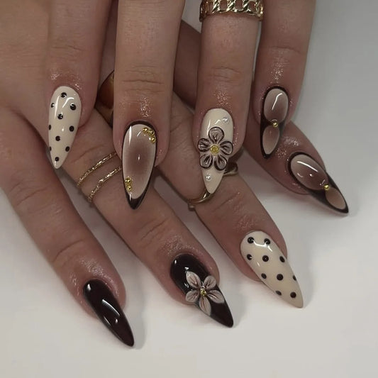 24Pcs Wine Red Flower False Nails Simple 3D Flower Design Press on Fake Nails Mid-length Almond Detachable Full Cover Nails Tips