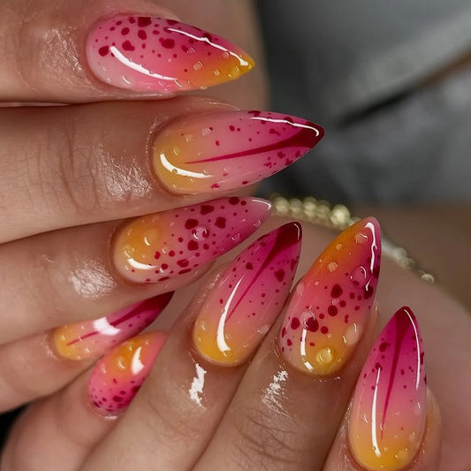 24pcs Wearable False Nails Love Lines Fake Nail Tips Glitter Diamond Stick on Almond Nail Sweet French Pink Round Press on Nails