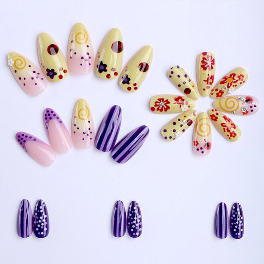 24pcs Retro Graffiti Almond Press On Nails Flower Polka Dot Stripes Designs False Nails Colorful French Style Summer Fake Nail