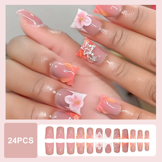 24pcs Glossy Duckbill False Nails Orange French Style White Flower Decor Press On Nails Y2k Star Short Sweet Cool Fake Nail