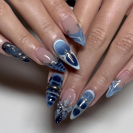 24Pcs French Flowers Pattern Almond Simple False Nails Set with Gloden Stripes Designs Detachable Finished Nails with Jelly Glue