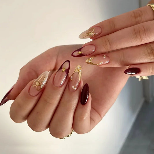 24pcs Spicy Girls French False Nails with Flower Leopard Print Design Long Almond Fake Nail Tips Brown Gold Bead Press on Nails