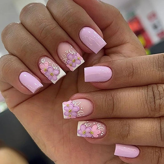 24pcs 3D Flower Press on Nails French Square False Nails Wearable Stick-on Nail Fake Nails Uñas Postizas Накладные Ногти 네일팁