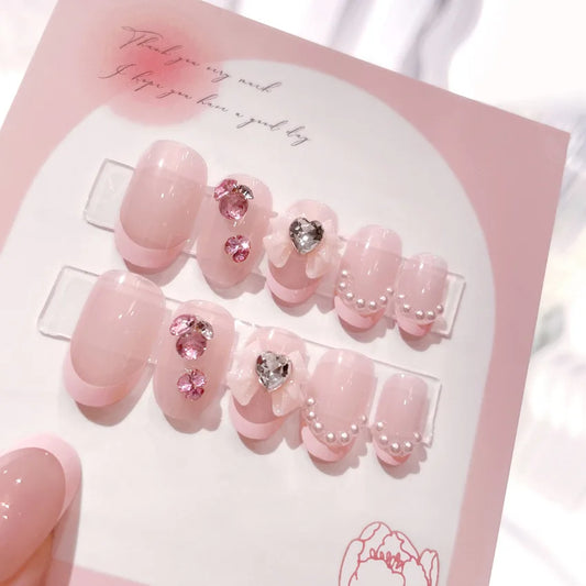 24Pcs French Purple Glitter Design Nail Sticker Mid-length Gradient Wave-shaped Pearl False Nails Wearable Finished Manicure Art