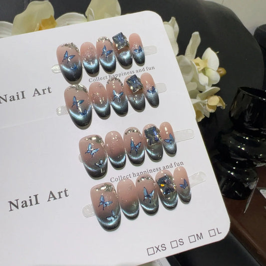 10pcs high-end Gradient pinkish blue handmade French Tip Nails, Blue butterfly nail art