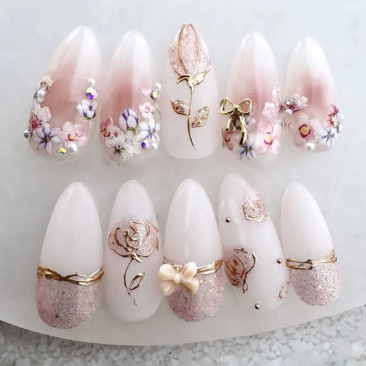 24Pcs Mid-length Almond Fake Nails Cat's Eye Black Cat Bow Press on False Nails Heart Rhinestone Reusable Full Cover Nails Tips