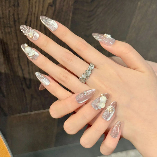 10pcs Fantasy Pink French Style Press On Nails Pearl Seashell 3D Starfish Decor Handmade Fake Nails Flash Cat Eye Sea False Nail