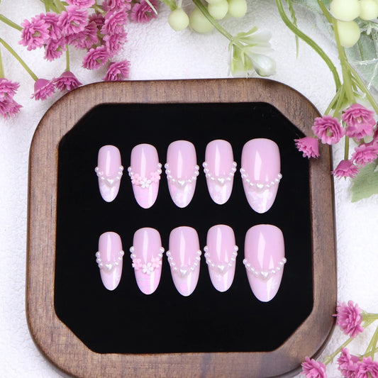 Y2K 10pcs Hand Made Press On Nail Blue Short Almond Glue On Nails - Pink Flowers and Pearls Press One For Stylish Women-Girls