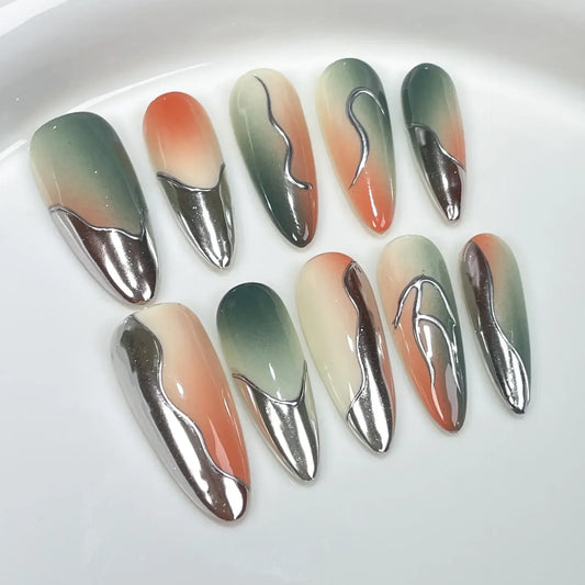 10Pcs Long Almond Handmade Press on Nails Full Cover Linear Heavyweight Decoration Artificial Manicure False Nails Nail Tips Art