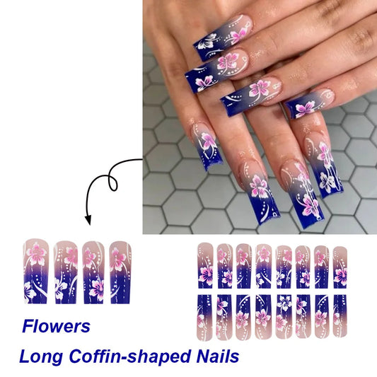 24Pcs Blue Long Coffin Fake Nails Gradient Color Press on Nails Elegant Pink White Flower Designs Reusable False Nails for Women