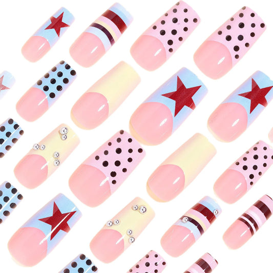 24pcs Medium Coffin French Style False Nails Black Polka Dot Silver Beads Star Designs Press On Nails Summer Dopamine Fake Nail