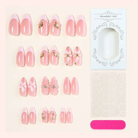 24PCS 3D Pearl Floral Ice Flower Press on Nails French Blush Sweet Fashion European Ins Style Sweet Removable Almond Shape Nails