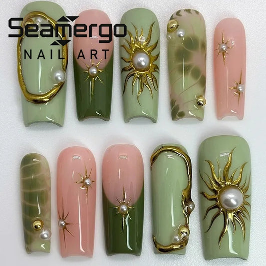 24PCS Medium Square False Nails Autumn Straw Stripe Design European American Brown French Fake Nails 3D Butterfiy Press on Nails
