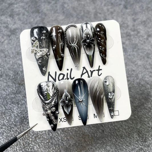 10Pcs Black Silver Cat Eye Glitter Long False Nails for Spice Girl Gradient French Flowers Chain Wearable Finished Nail Stickers