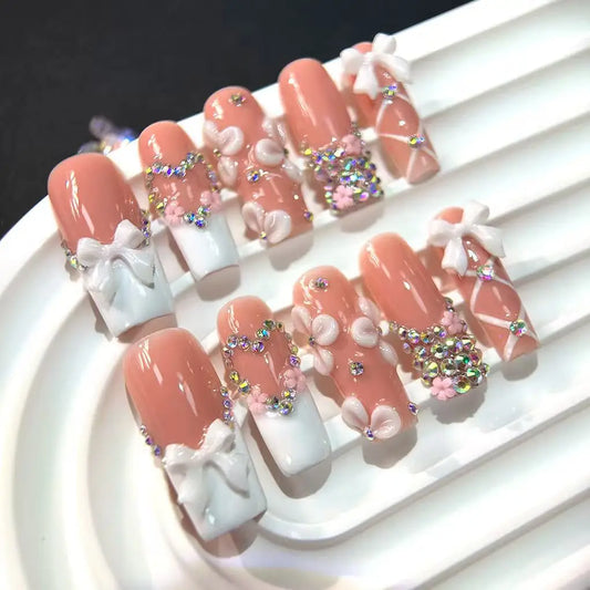 10pcs high-end Sweet girl style, hand-painted carvings, three-dimensional bows, sparkling pile diamonds handmade French Tip Nail