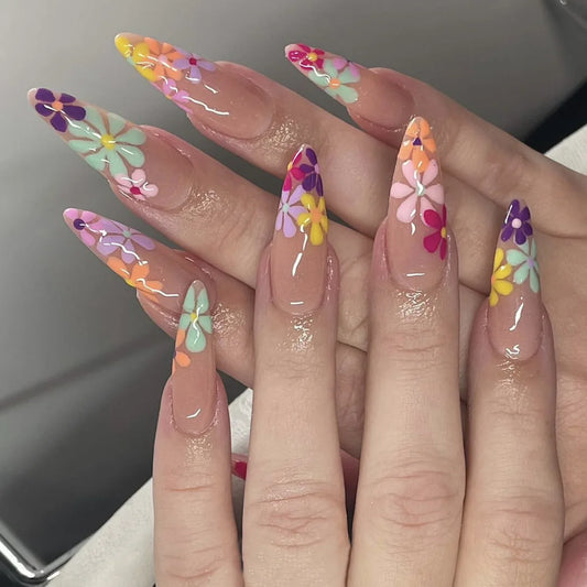 24Pcs Long Stiletto Nails Set Press on Blue French Leopard Print with Design Fake Nails Detachable Full Cover False Nails Tips