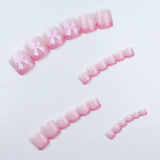 24PCS Bare Pink Pressed Toenails, Short Summer Square Fake Toenails, Bow Design, Fully Covered Acrylic Beach Fake Nails