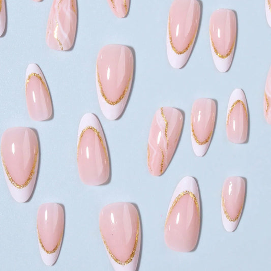24PCS White French Pointed Nail With Short Almond Shaped Fake Nails, Bare Colored Nails, Glossy Daily Wear, Simple Fake Nails