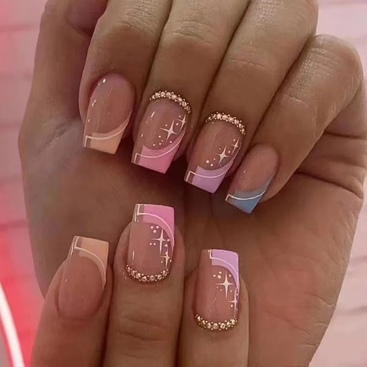 24pcs Pink Short Square Nails Sets Press on Smudge Shiny Powder Design False Nails Wearable Fashion Glitter Ballet Fake Nail Tip