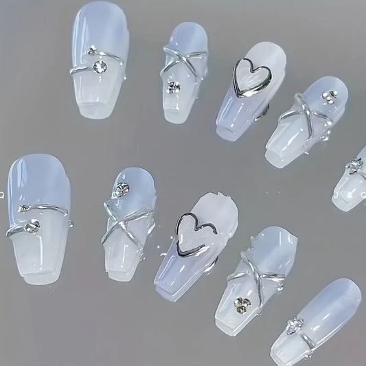 10PCS Handmade Press Nails,Fog Blue Ombre Press On Nails|3D Heart & Metallic Silver Fake Nails|Gothic Y2K Kawaii False Nails| Bi