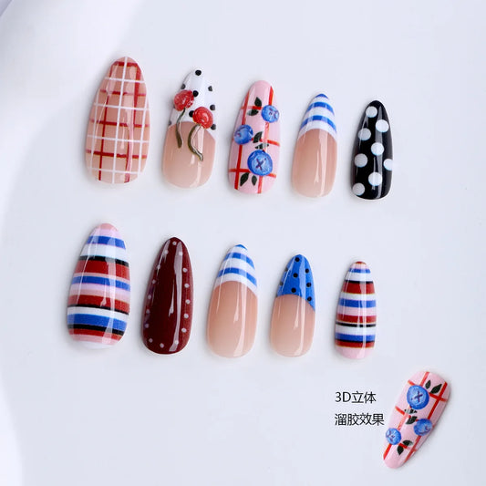 24PCS Almond Press on Nails Red White Blue Theme Cherry Plaid Polka Dot Stripe French Retro Coquette Style Reusable False Nails
