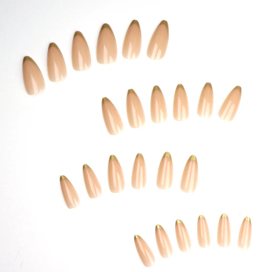 24PCS Almond-Pressed Nail Shorts, Pink False Nails, Elegantly Crafted Golden French Tips Golden and Charming