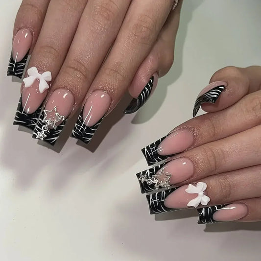 24Pcs Leopard Print Long Coffin False Nails with Glue Y2K 3D Floral Press on Fake Nails Sweet Cool Detachable Manicure Nail Tips