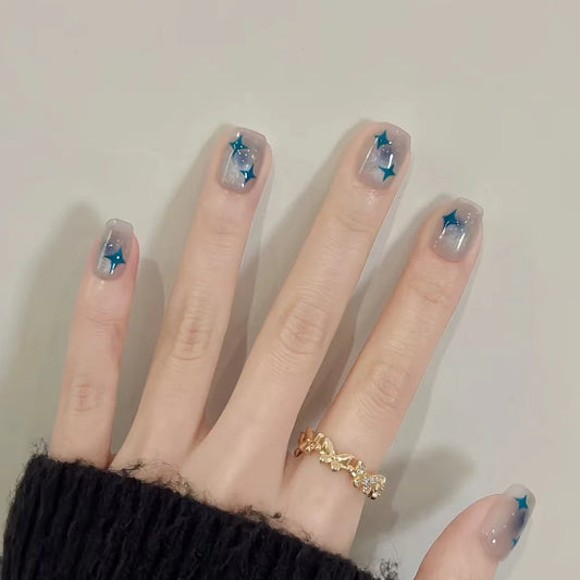 24Pcs Glitter Blue Cat-eye Wearable Gentle Acrylic False Nails Silver Stars Pearls Decorations Short Round Square Cute Nail Tips