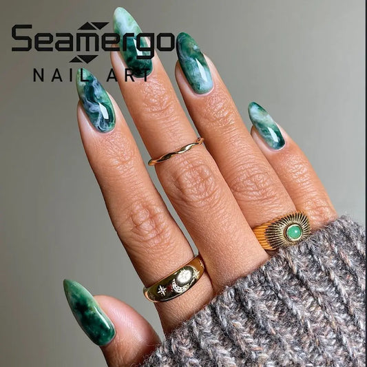 24PCS Green Gradient Medium Almond Press on Nails Full Cover Simple Designs Retro French Fake Nails Artificial Wearable Manicure