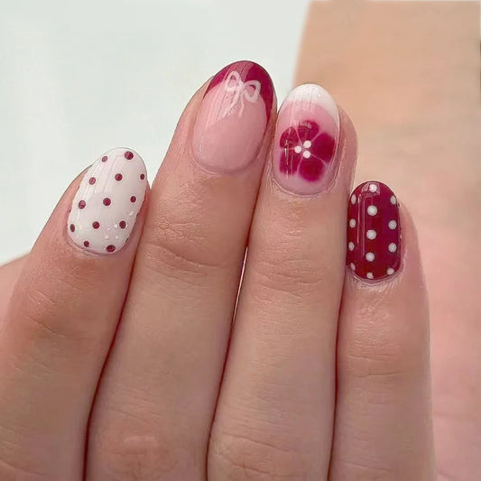 24Pcs Short Round Head Fake Nails Press on French Blue Brown Polka Dot False Nails Star Wearable Finished Full Cover Nails Tips