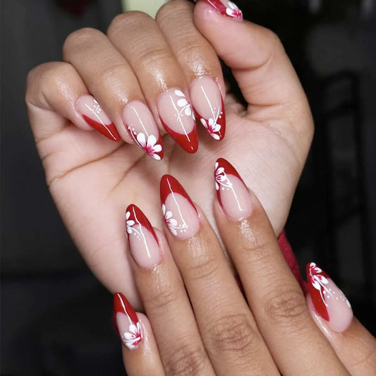 24pcs Flower Design False Nails Koi Fish Colorful Almond Full Cover Nail Tips Wearable Fake Nail Round Head Oval Press on Nails