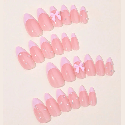 24pcs Long Almond Fake nails,pink French Bows and pearls on nails Detachable And Reusable Jelly Glue 1pc Cuticle Pusher