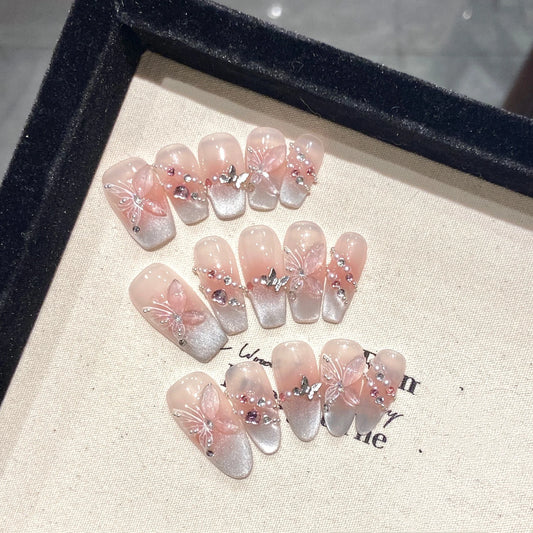10Pcs Reuse Finished Fake Nail Tips with Butterfly Deisgn Pink Cat's Eye French Handmade Press on False Nails Wearable Nail Art