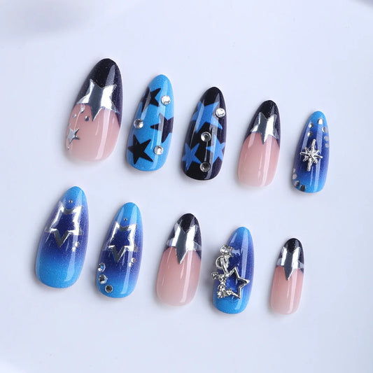 24pcs Elegant Almond False Nails Ocean Blue French Style Fake Nails Sweet Cool Y2k Star Designs Press On Nail Summer Manicure