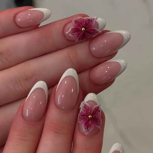 24Pcs Short Almond Fake Nails with Pink White French 3D Flower Design Press on False Nails Oval Detachable Full Cover Nails Tips