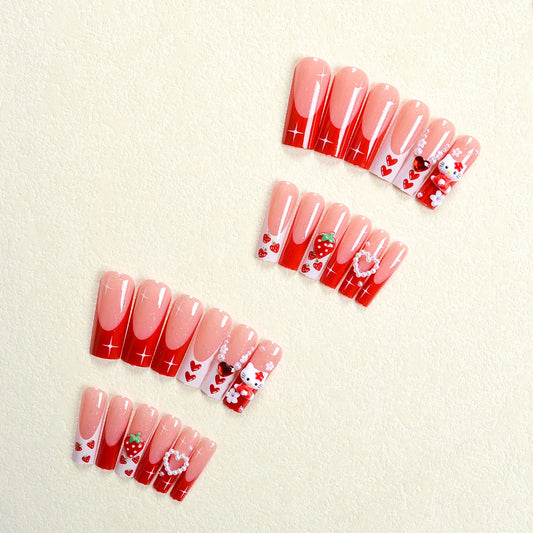 24Pcs Long Coffin-Shaped Nail Stickers, Red French Style, Sanrio Cute Hello Kitty 3D Pink and White Heart Rhinestones, Wearable Nail Set Suitable for Women's Daily Wear and Parties (Includes: One Jelly Glue Strip, One File St