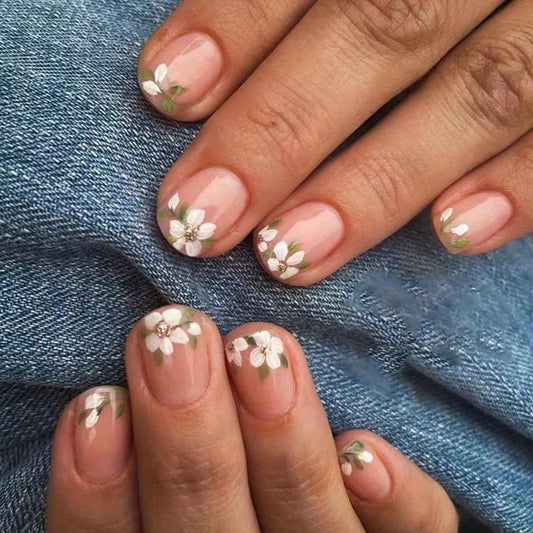 24Pcs Short Square Head Full Cover Nails Tips Simple Flower with Design Fake Nails Art Reusable Artificial Press on False Nails