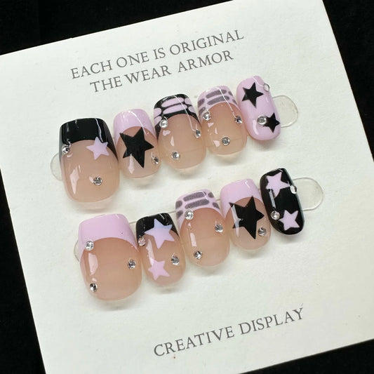 24pcs Short Ballet Y2k Nails Set Small Diamonds Fake Nails Press On Nail Tips French False Nails Pink Black Star Decoration