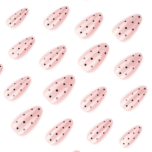 24pcs Nude Color Cat's Eye Fake Nails Black Polka Dot Pattern Press On Nails Simple Almond Shaped Full Cover False Nail For Girl