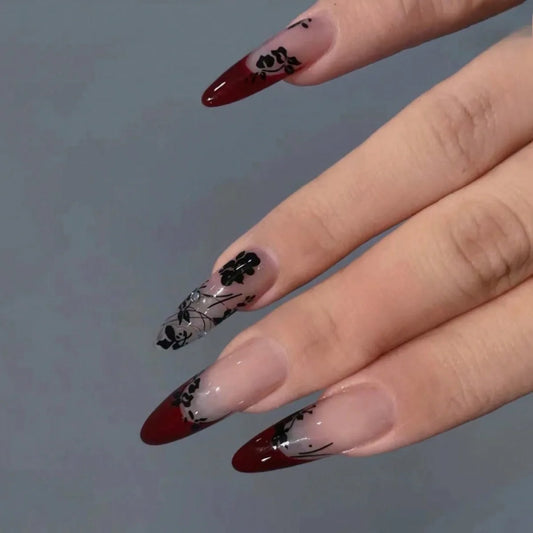 24Pcs French Dark Red Pink Almond Acrylic Manicure Artificial Reusable Short Oval Fake Nails Tips Art for Spice Girls Summer Art