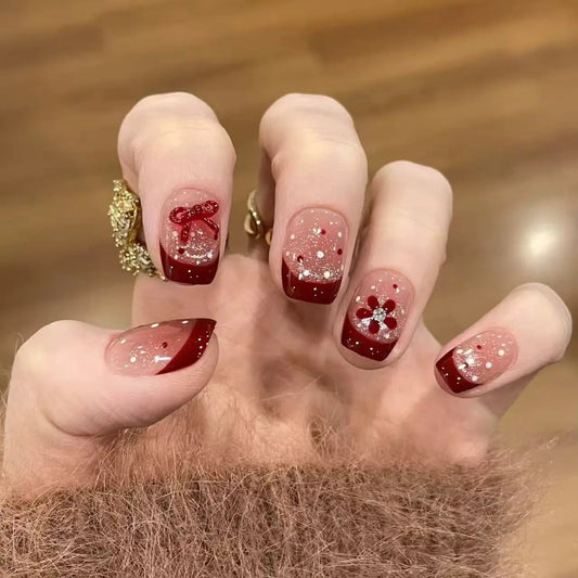 24pcs Smudge Pink Stick on Short Ballet False Nails Tips Korean Style Square Fake Nail Bow Pearl Design Sweet Press on Nails Art