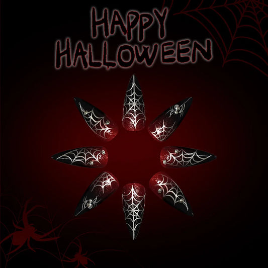 24pcs Halloween Spider Web False Nails Glossy Gradient Dark Red Almond Press on Nails Wearable European Gothic Style Fake Nails