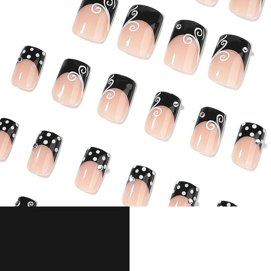 24pcs Simple Black French Style False Nails White Polka Dot Stripes Flash Diamond Decor Press On Nails Short Square Fake Nail