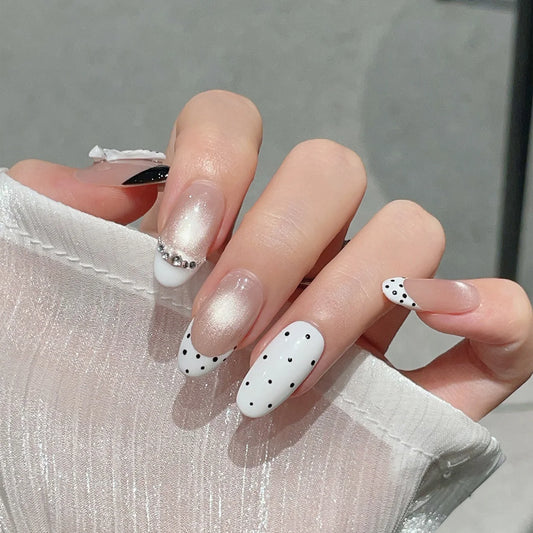 10pcs Medium Oval Handmade Press On Nails Kit, Nude & White Fake Nails, Gentle Elegant Wearable Nail Art, Bow