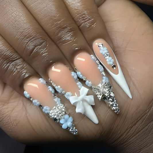 24Pcs Flower Nails Press on Long DIY Stick on Nails Flash Diamond Full Cover Nail Tips Wearable Finished Fingernails Nail Art