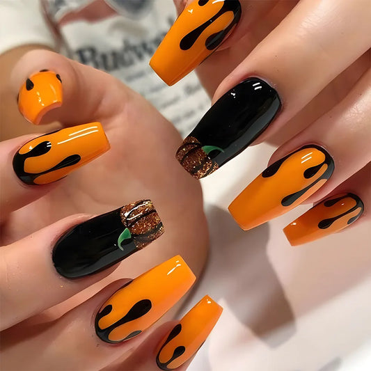 24pcs Halloween Coffin False Nails Pumpkin Bat Design Pink Mid-length Ballet Press on Nails Tips Wearable Glitter Fake Nail Sets