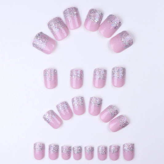24PCS Flesh-Colored Nail Plate Silver Head Square Short Imitation Nail French Fake Nails &1pc Jelly Paste &1pc File for Wedding