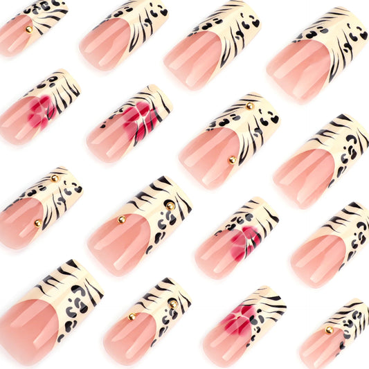 Black Leopard Print Light Yellow French Red Flowers Nail Art Fashion Fake Nails Detachable Finished False Nails Press on Nails